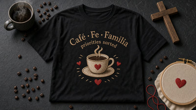 "Café Fe Familia" Priorities Sorted Embroidery-Look Tee