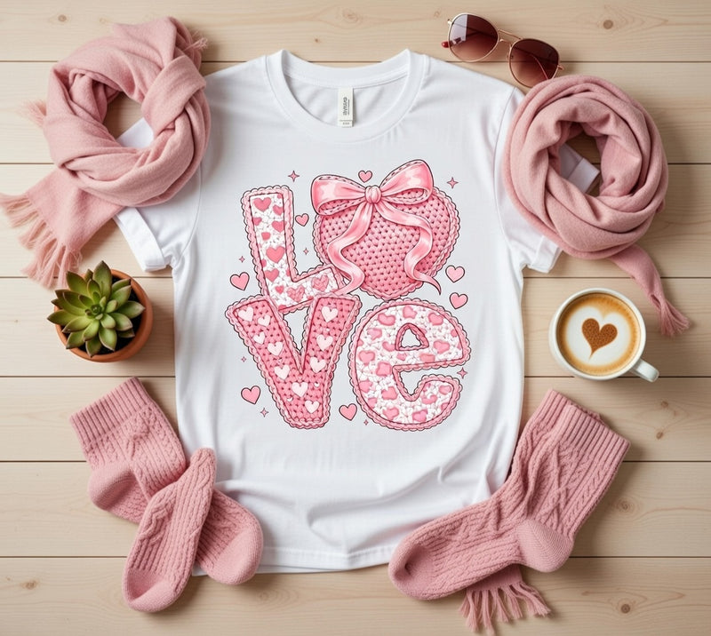 Sweet Knitted Pink LOVE Hearts T-Shirt - Valentine's Day DTF Tee