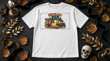 Never Say Die Crew Tee - white props flat-lay ad mockup
