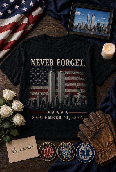 "Never Forget, September 11, 2001" Patriotic Memorial Tee