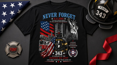 "Never Forget" We Remember 343 Patriotic Memorial Tee