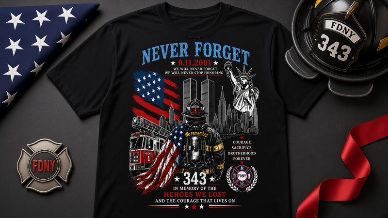 "Never Forget" We Remember 343 Patriotic Memorial Tee