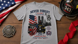 "Never Forget" We Remember 343 Patriotic Memorial Tee — grey