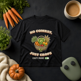 Black T-shirt printed with a harvest basket of carrots, lettuce and pumpkin, the words No Combat, Just Crops and a Cozy Mode toggle set to On