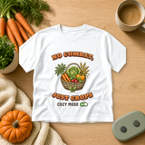 White T-shirt printed with a harvest basket of carrots, lettuce and pumpkin, the words No Combat, Just Crops and a Cozy Mode toggle set to On